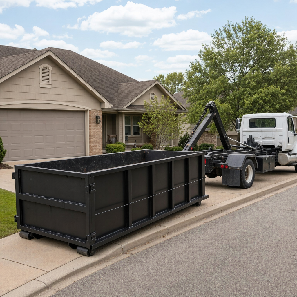 Wide documentary shot of a matte-black roll-off dumpster on a Irving residential driveway in the foreground and a contractor jobsite container in the soft-focus background, bright daylight, calm and orderly composition.